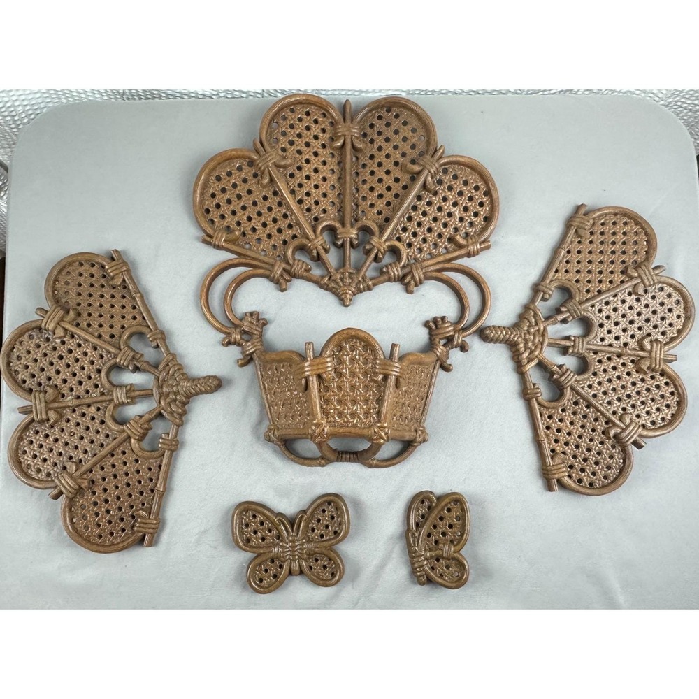 VTG Burwood Wall Decor Basket Fan Butterfly Set‎ Mid Century USA Plastic 70's